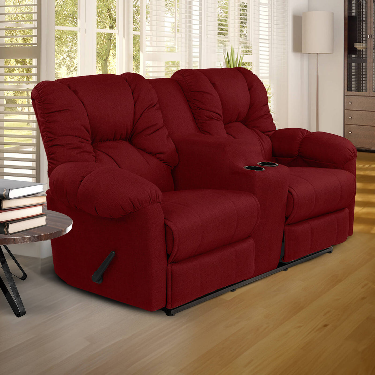 Linen Double Cinematic Recliner Chair with Cups Holder - American Polo Burgundy