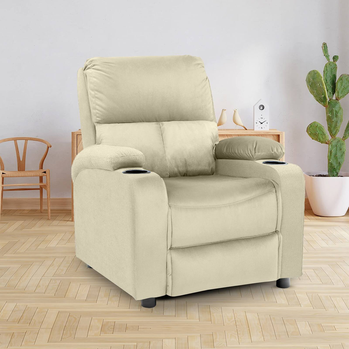Velvet Classic Cinematic Recliner Chair with Cups Holder - NZ70 Light Beige