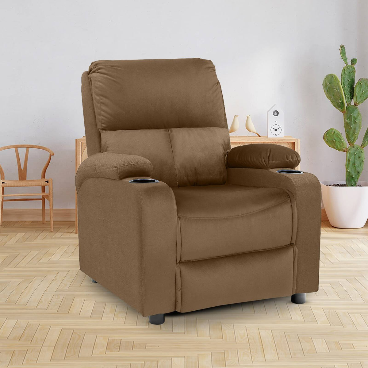 Velvet Classic Cinematic Recliner Chair with Cups Holder - NZ70 Light Brown