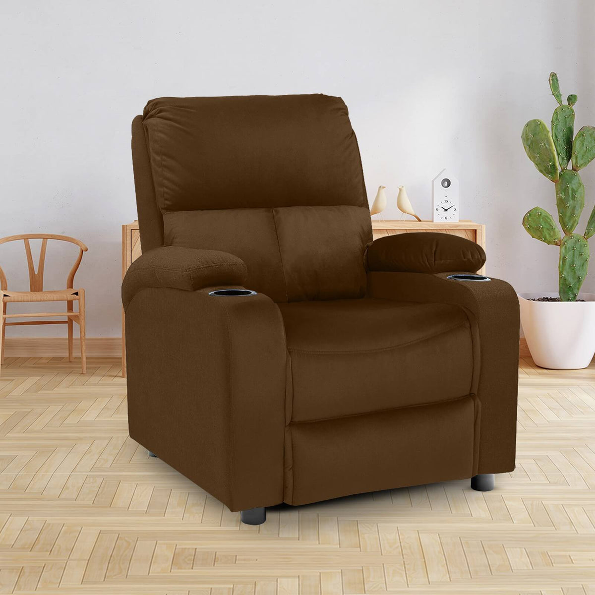 Velvet Classic Cinematic Recliner Chair with Cups Holder - NZ70 Brown