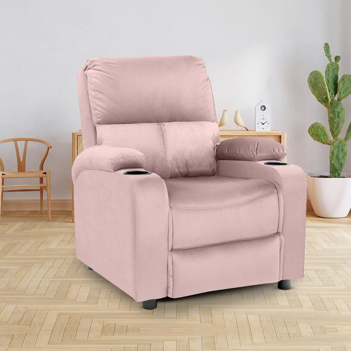 Velvet Classic Cinematic Recliner Chair with Cups Holder - NZ70 Light Pink