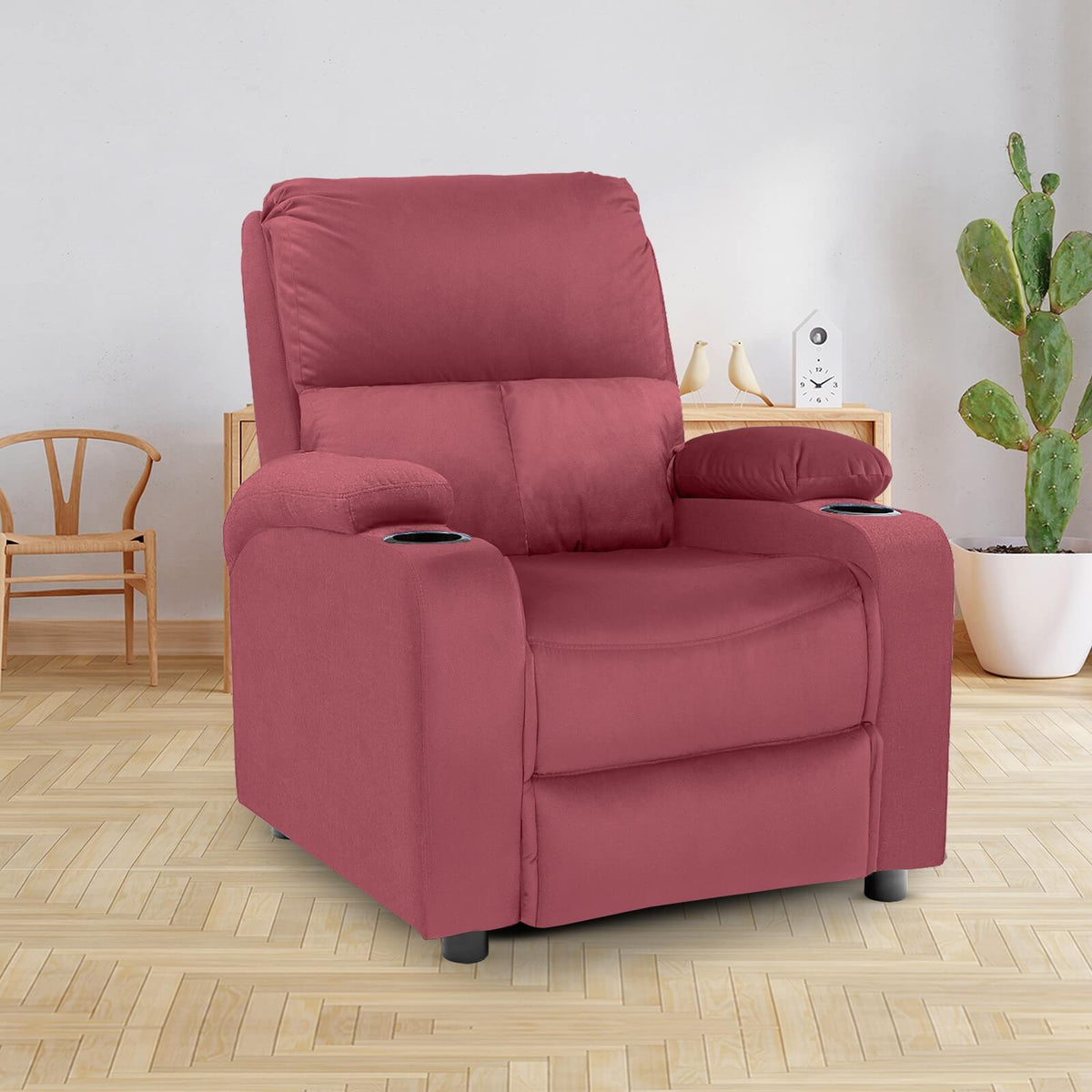 Velvet Classic Cinematic Recliner Chair with Cups Holder - NZ70 Dark Pink