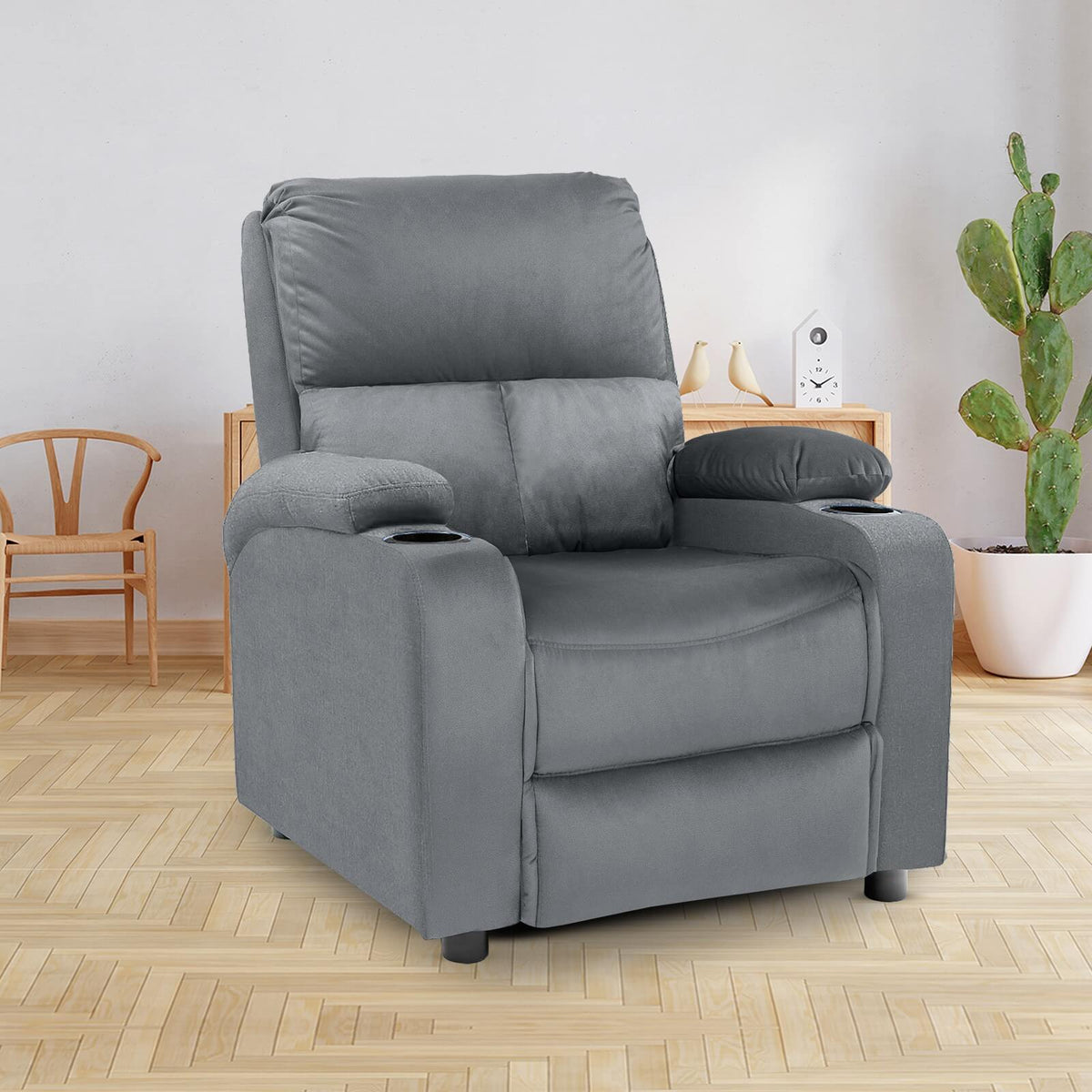 Velvet Classic Cinematic Recliner Chair with Cups Holder - NZ70 Grey