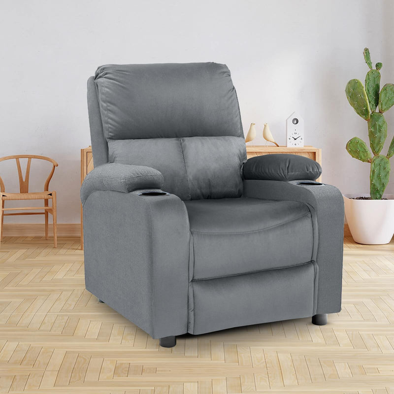 Velvet Classic Cinematic Recliner Chair with Cups Holder - Grey - NZ70