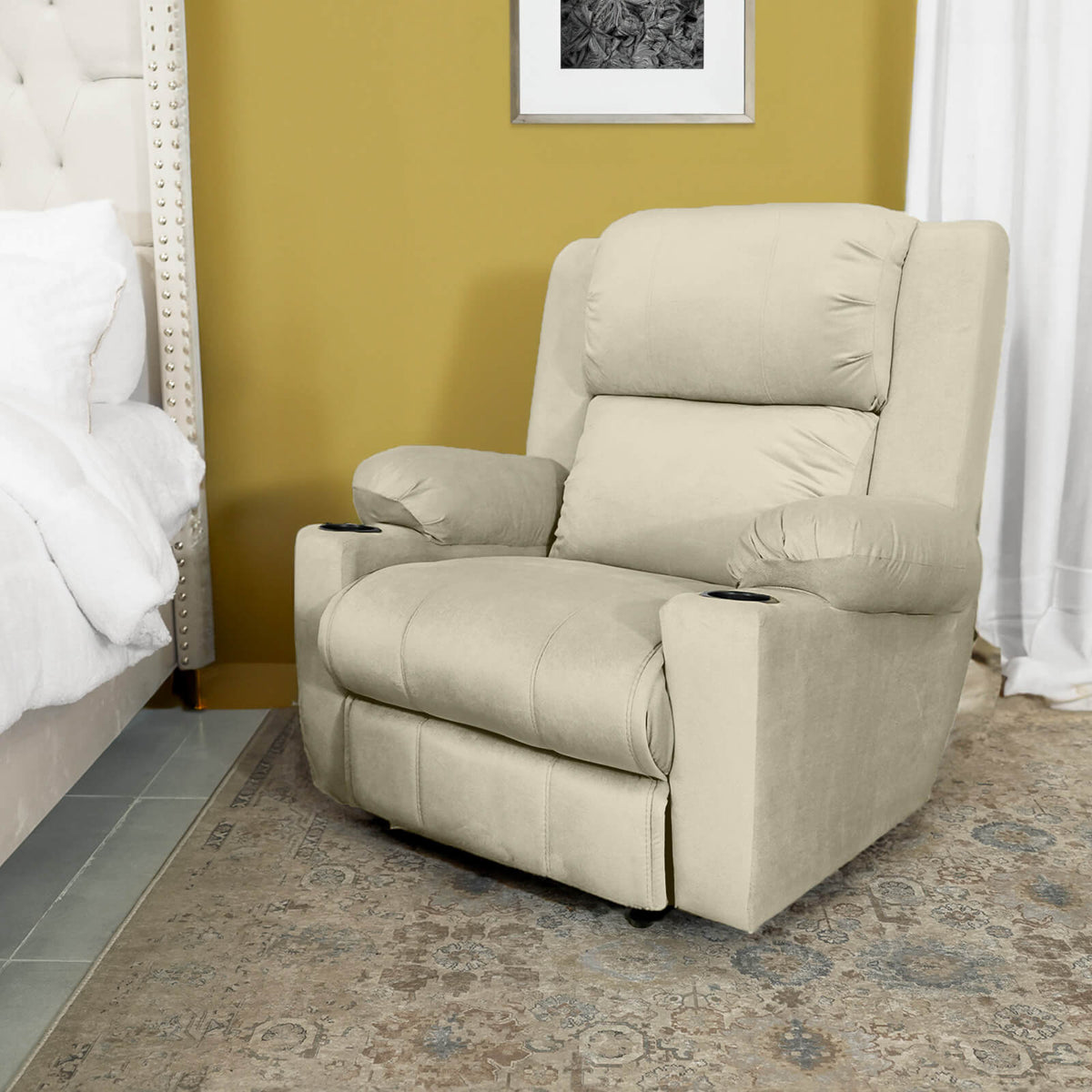 Velvet Cinematic Recliner Chair with Cups Holder - Lazy Troy Light Beige Rocking & Rotating