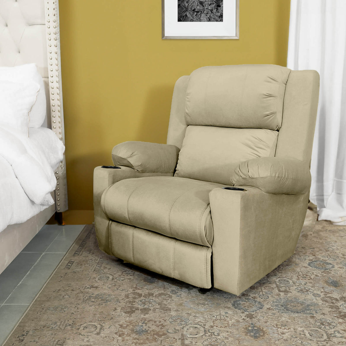 Velvet Cinematic Recliner Chair with Cups Holder - Lazy Troy Dark Ivory Rocking
