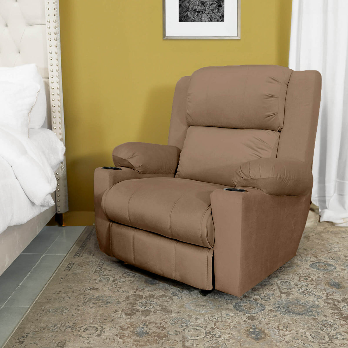 Velvet Cinematic Recliner Chair with Cups Holder - Lazy Troy Light Brown Rocking & Rotating