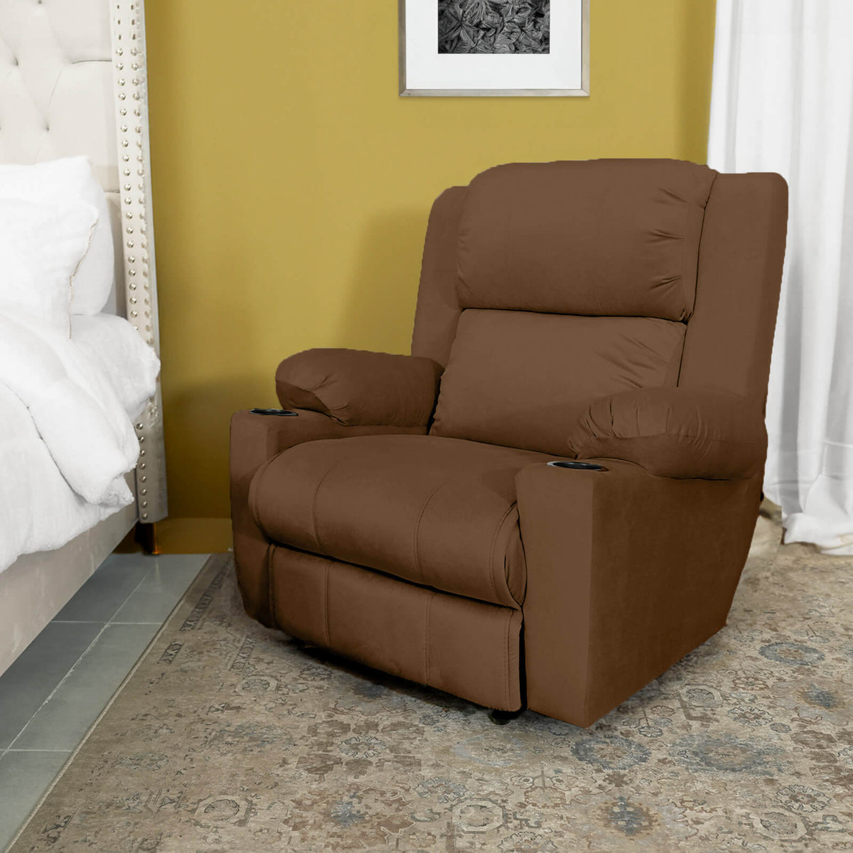 Velvet Cinematic Recliner Chair with Cups Holder - Lazy Troy Brown Rocking