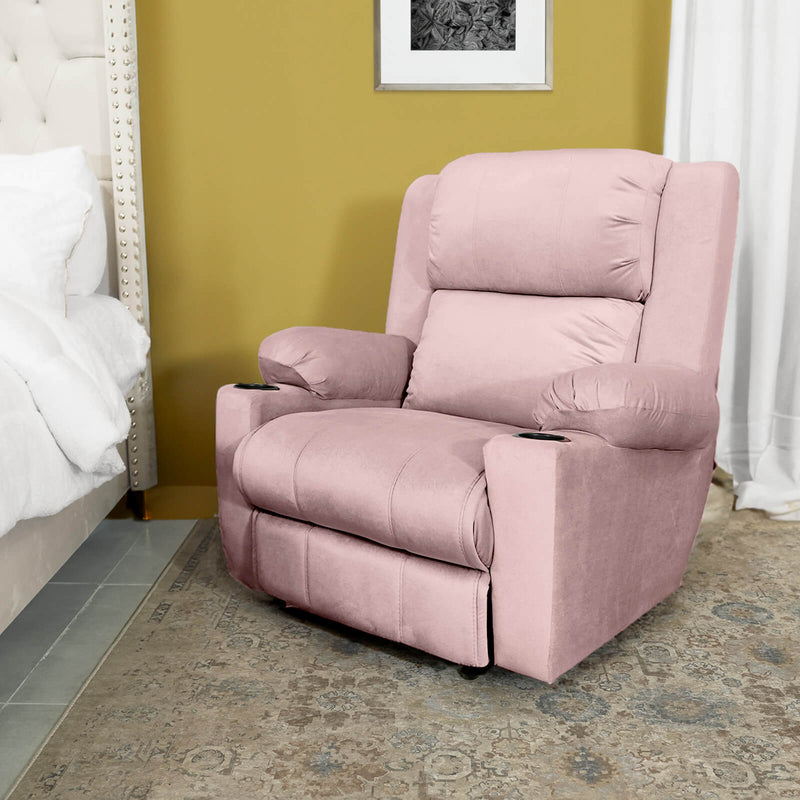 Velvet Rocking & Rotating Cinematic Recliner Chair with Cups Holder - Light Pink - Lazy Troy