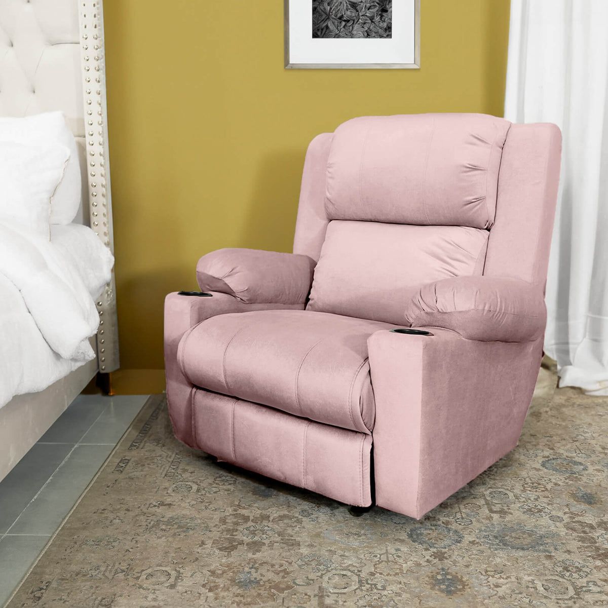 Velvet Cinematic Recliner Chair with Cups Holder - Lazy Troy Light Pink Rocking & Rotating