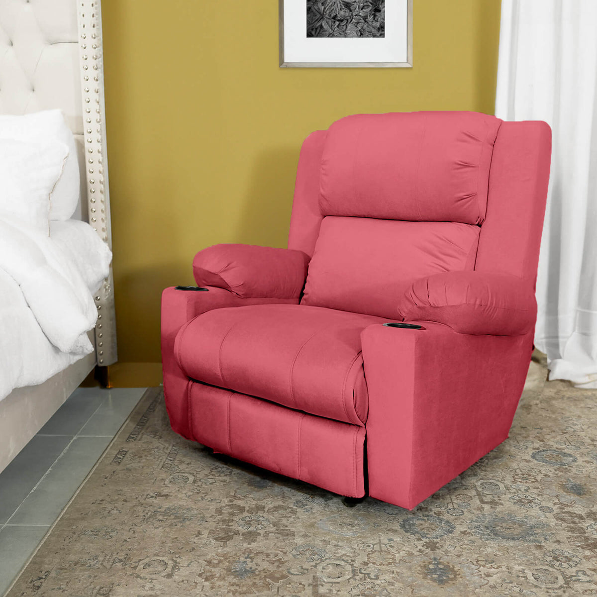 Velvet Cinematic Recliner Chair with Cups Holder - Lazy Troy Dark Pink Rocking & Rotating