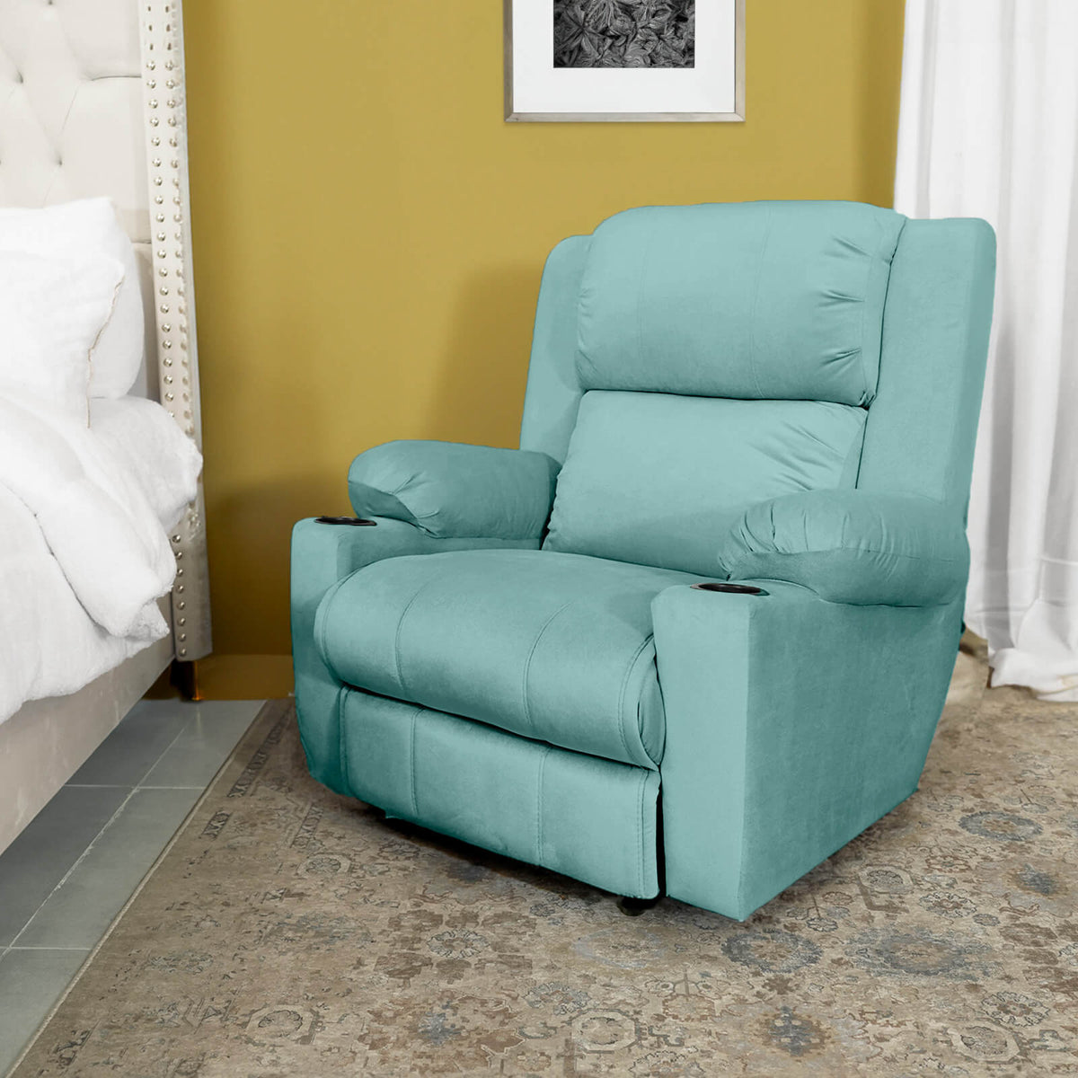 Velvet Cinematic Recliner Chair with Cups Holder - Lazy Troy Light Turquoise Classic