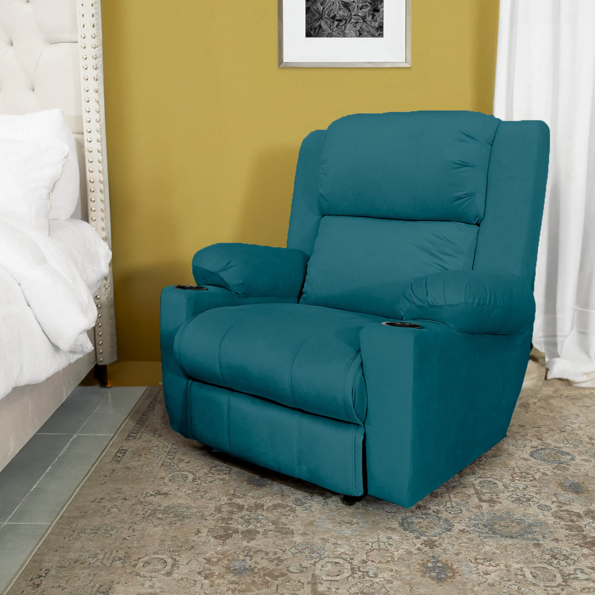 Velvet Cinematic Recliner Chair with Cups Holder - Lazy Troy Dark Turquoise Rocking & Rotating