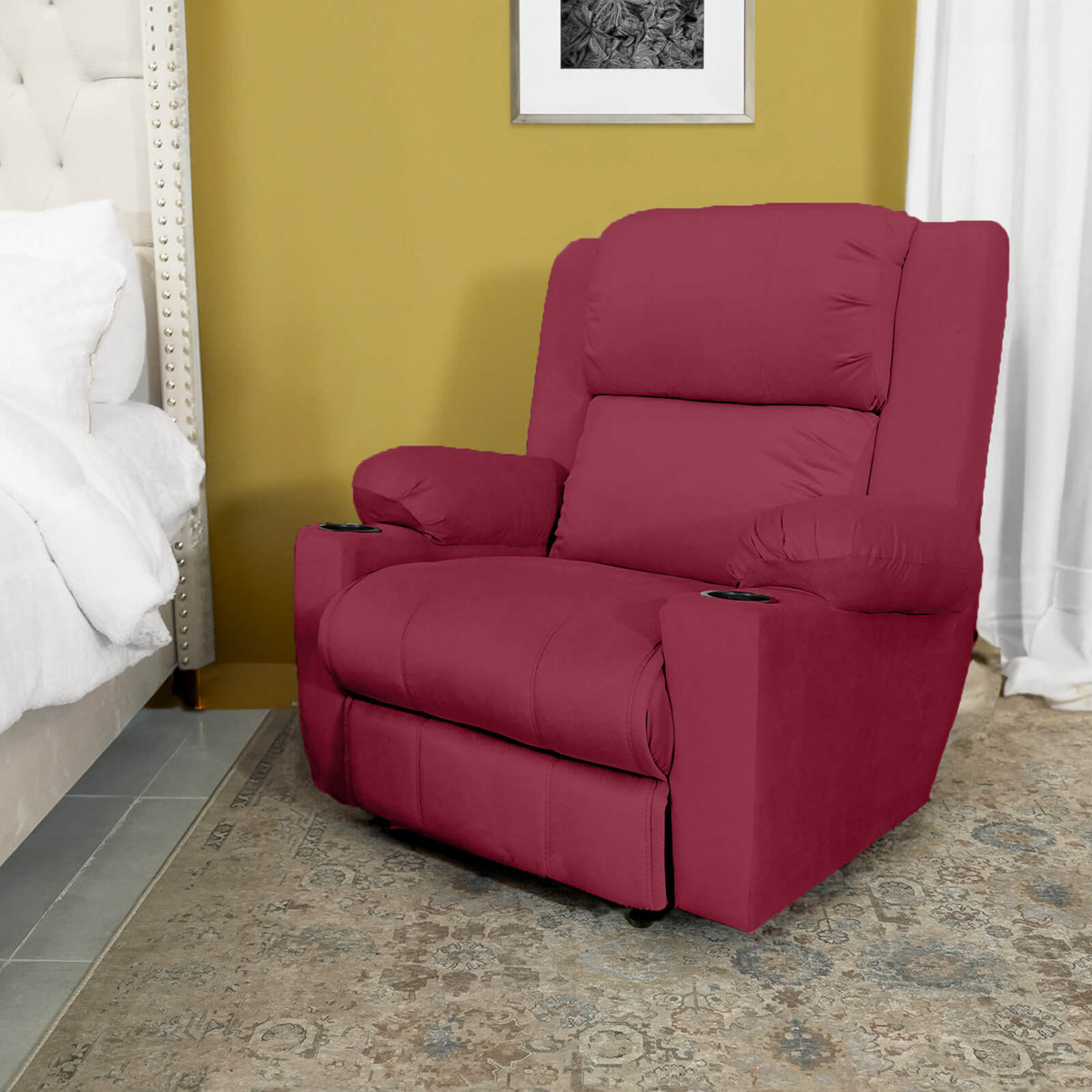 Velvet Cinematic Recliner Chair with Cups Holder - Lazy Troy Burgundy Rocking & Rotating