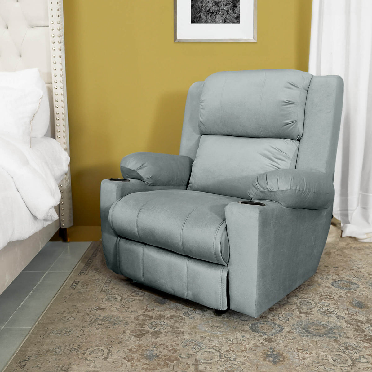 Velvet Cinematic Recliner Chair with Cups Holder - Lazy Troy Grey Rocking & Rotating