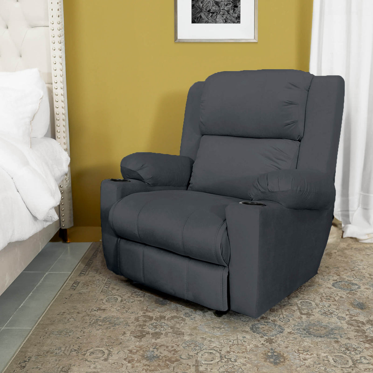 Velvet Cinematic Recliner Chair with Cups Holder - Lazy Troy Dark Grey Classic