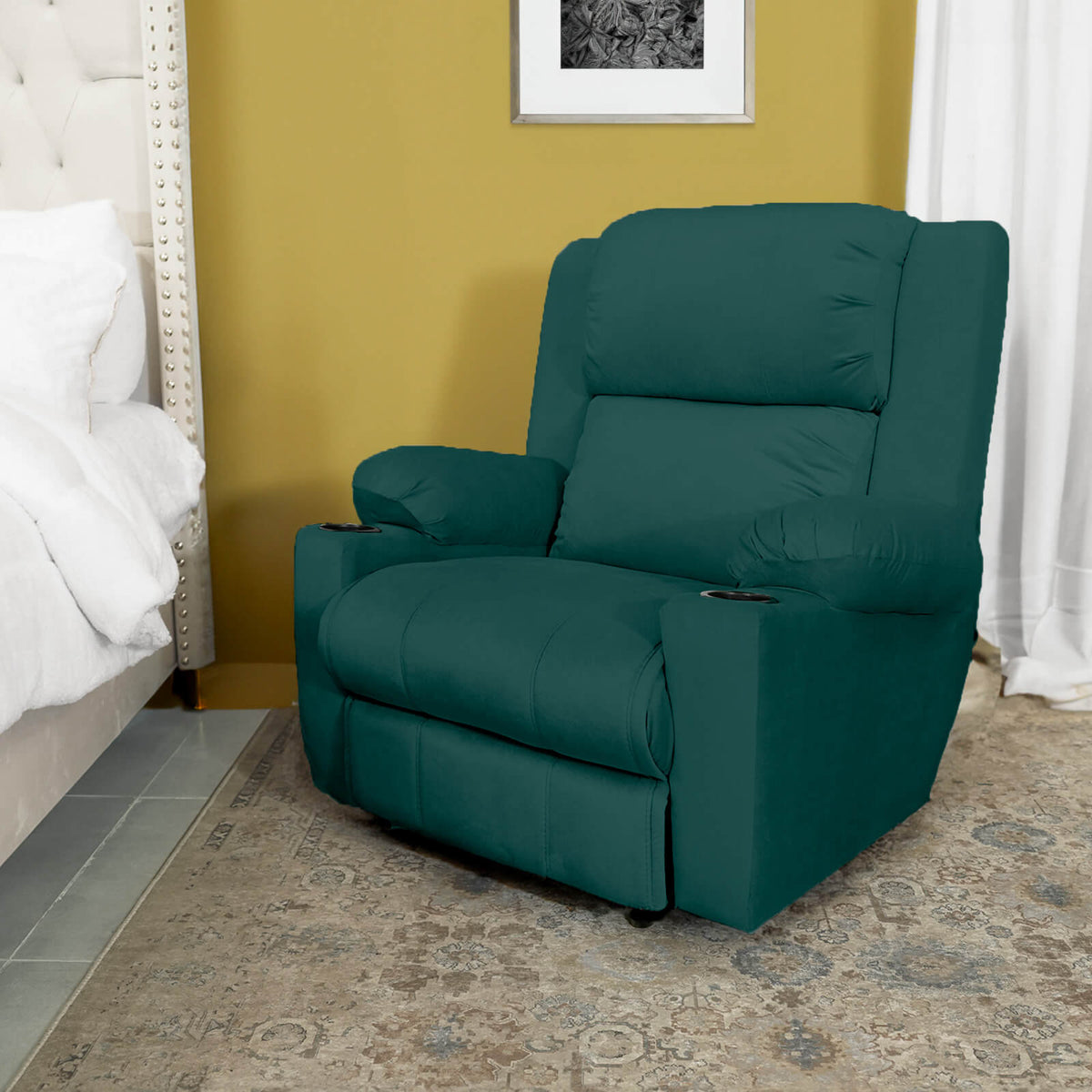 Velvet Cinematic Recliner Chair with Cups Holder - Lazy Troy Dark Green Rocking & Rotating