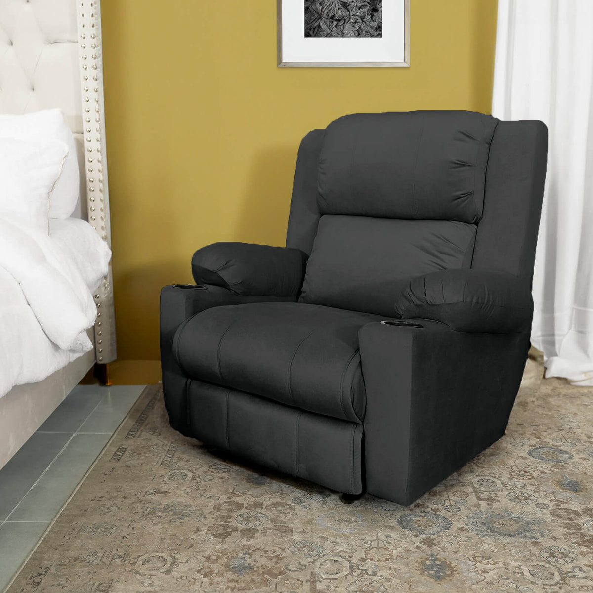 Velvet Cinematic Recliner Chair with Cups Holder - Lazy Troy Black Rocking