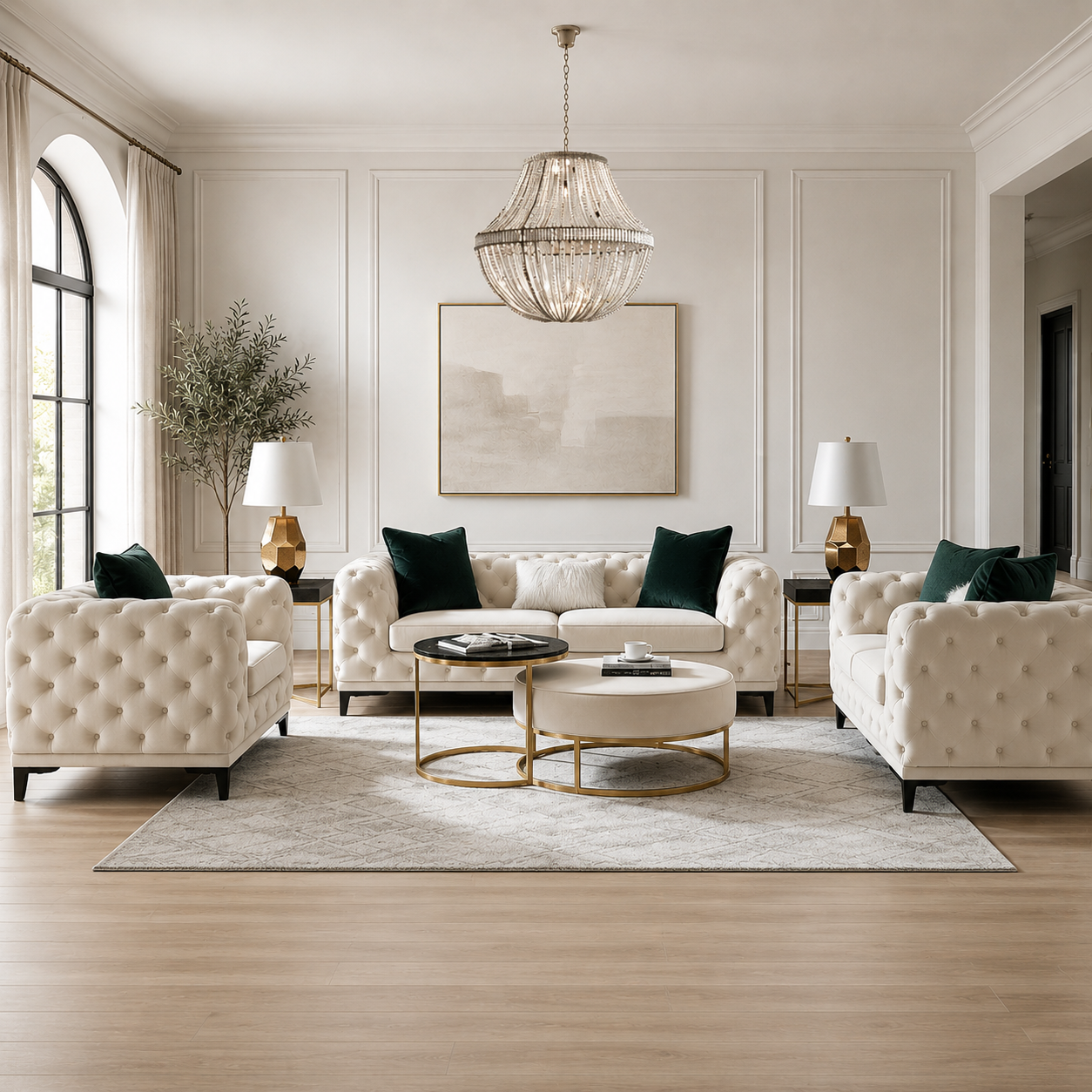 Statement Tuft Off-White Living Room Set