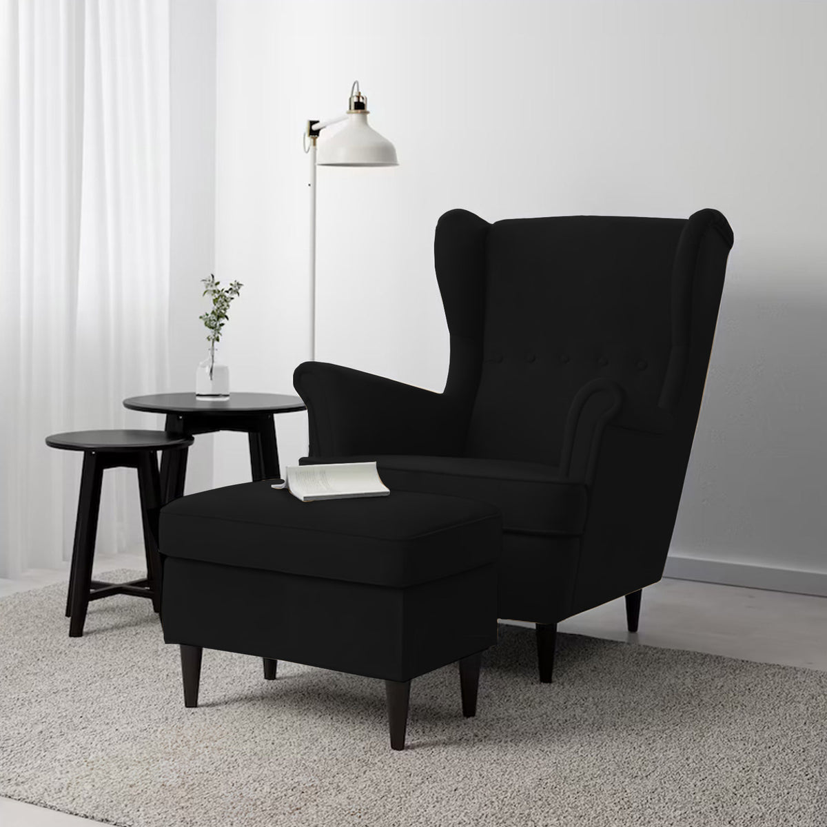2 Pieces Velvet Chair king with Two Wings And FootStool - E3 Black 