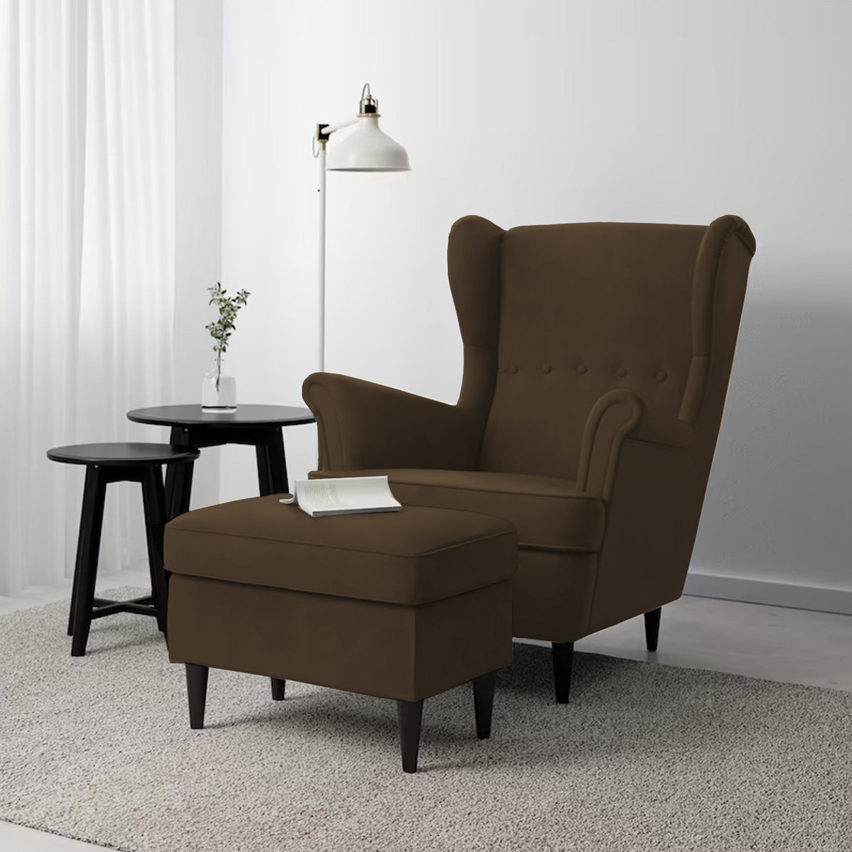 2 Pieces Velvet Chair king with Two Wings And FootStool - E3 Brown 