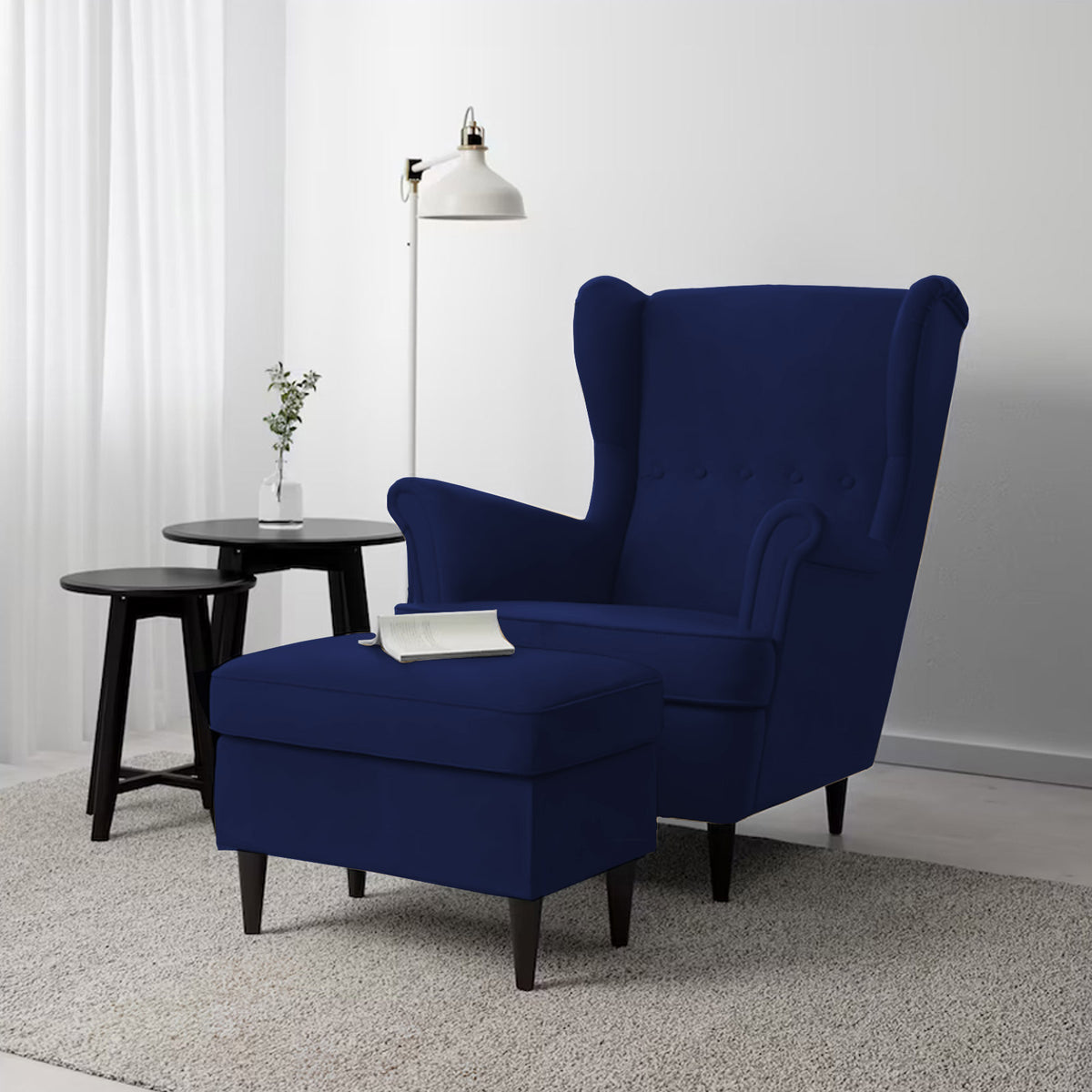2 Pieces Velvet Chair king with Two Wings And FootStool - E3 Dark Blue 