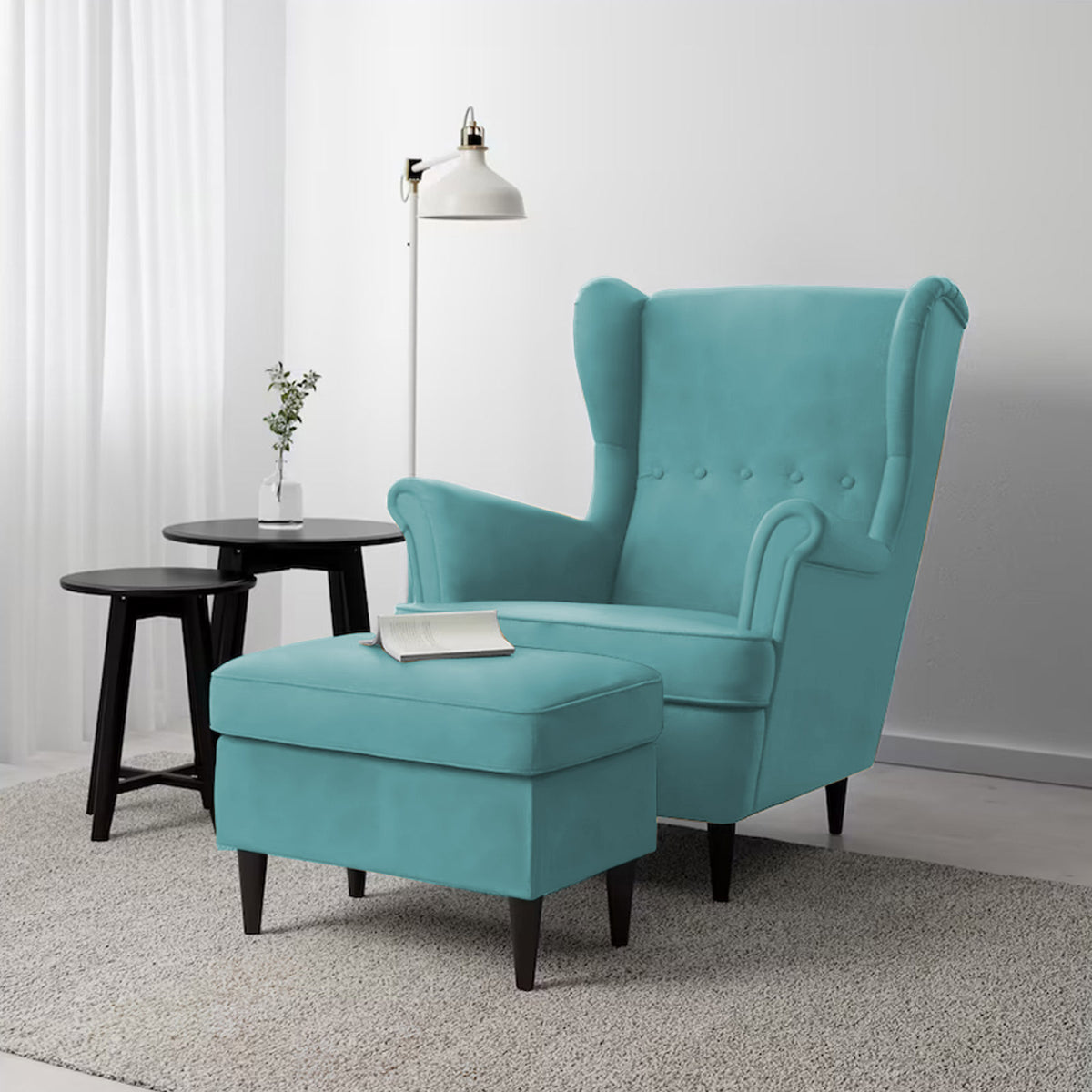 2 Pieces Velvet Chair king with Two Wings And FootStool - E3 Light Turquoise 