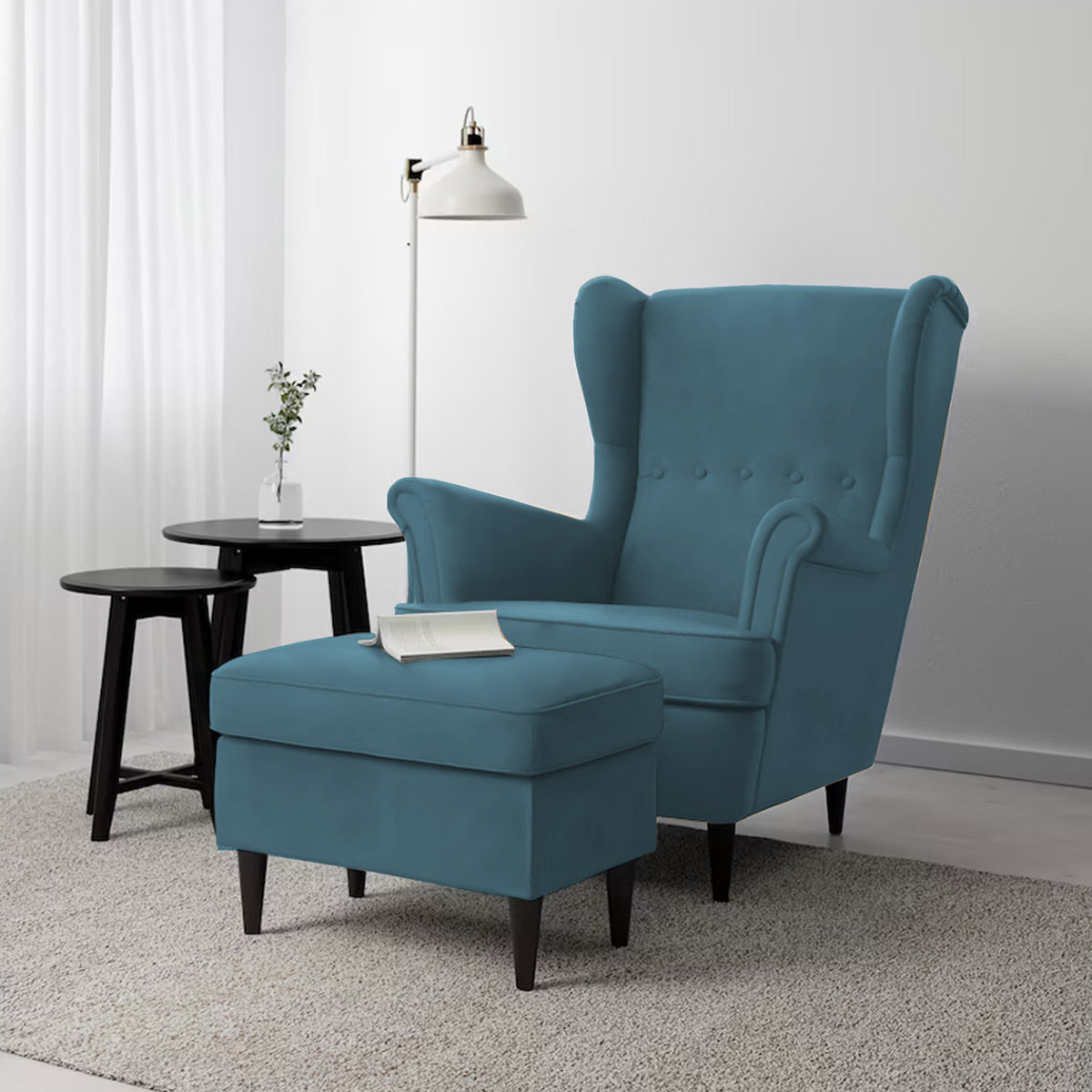 2 Pieces Velvet Chair king with Two Wings And FootStool - E3 Dark Turquoise 