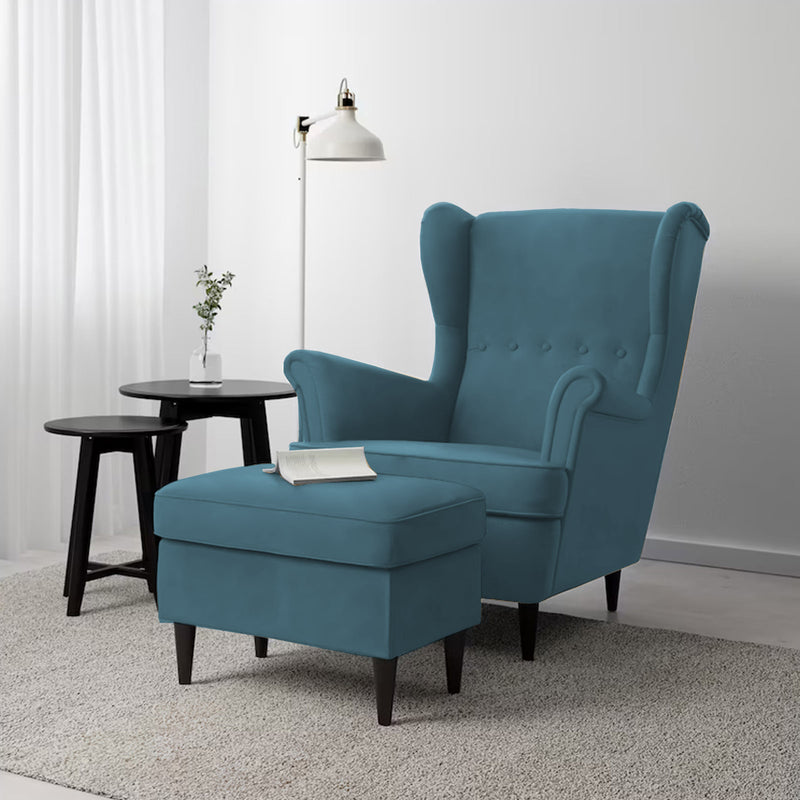 2 Pieces Velvet Chair king with Two Wings And FootStool - Dark Turquoise - E3