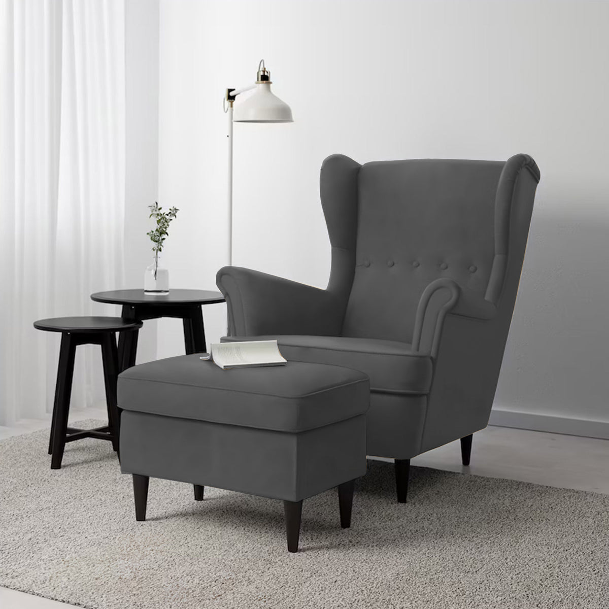 2 Pieces Velvet Chair king with Two Wings And FootStool - E3 Dark Grey 