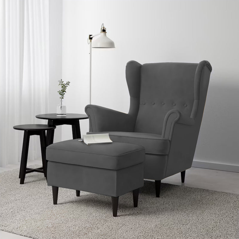 2 Pieces Velvet Chair king with Two Wings And FootStool - Dark Gray - E3