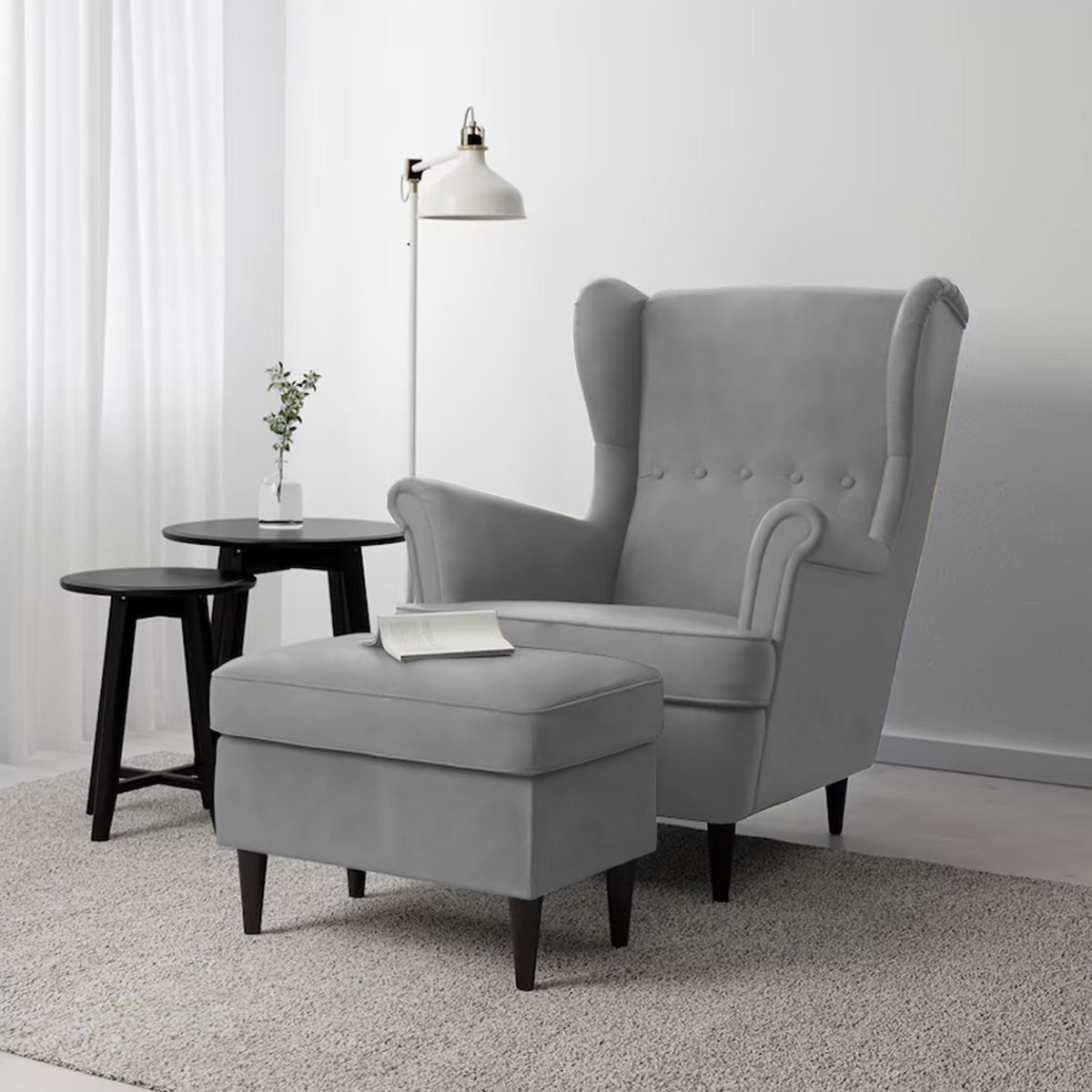 2 Pieces Velvet Chair king with Two Wings And FootStool - E3 Grey 