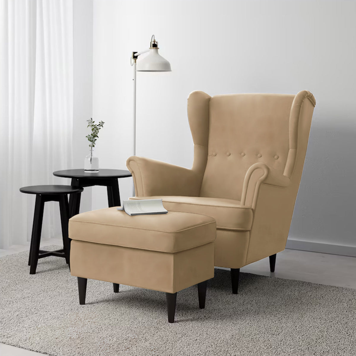 2 Pieces Velvet Chair king with Two Wings And FootStool - E3 Light Beige 