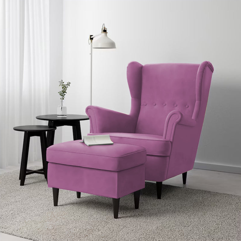 2 Pieces Velvet Chair king with Two Wings And FootStool - Light Purple - E3