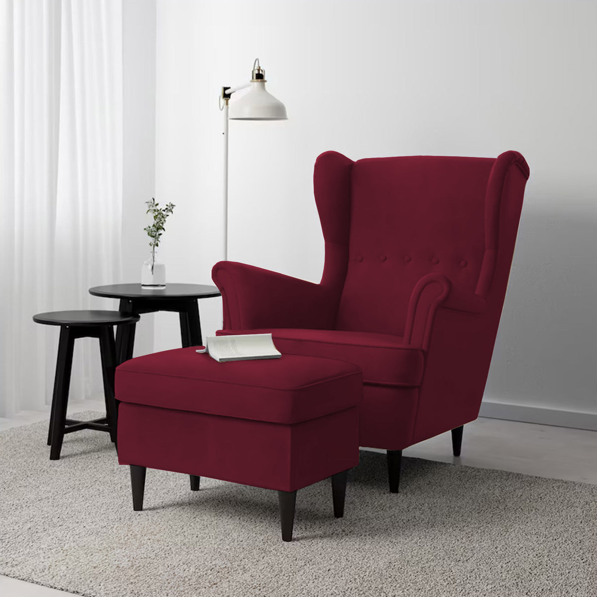 2 Pieces Velvet Chair king with Two Wings And FootStool - E3 Burgundy 