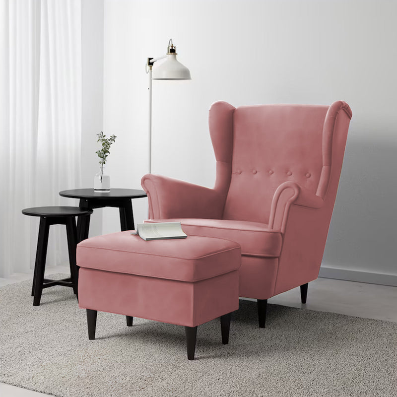 2 Pieces Velvet Chair king with Two Wings And FootStool - Light Pink - E3