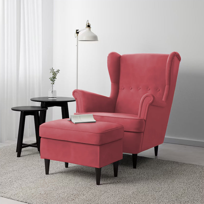 2 Pieces Velvet Chair king with Two Wings And FootStool - Dark Pink - E3