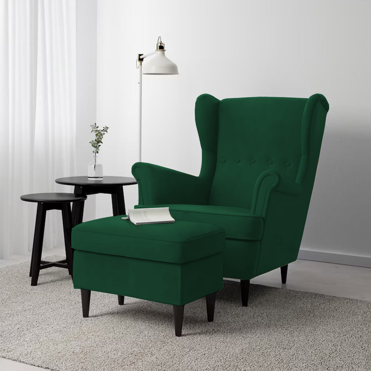 2 Pieces Velvet Chair king with Two Wings And FootStool - E3 Dark Green 