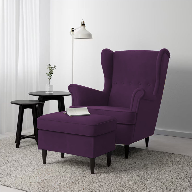 2 Pieces Velvet Chair king with Two Wings And FootStool - Dark Purple - E3