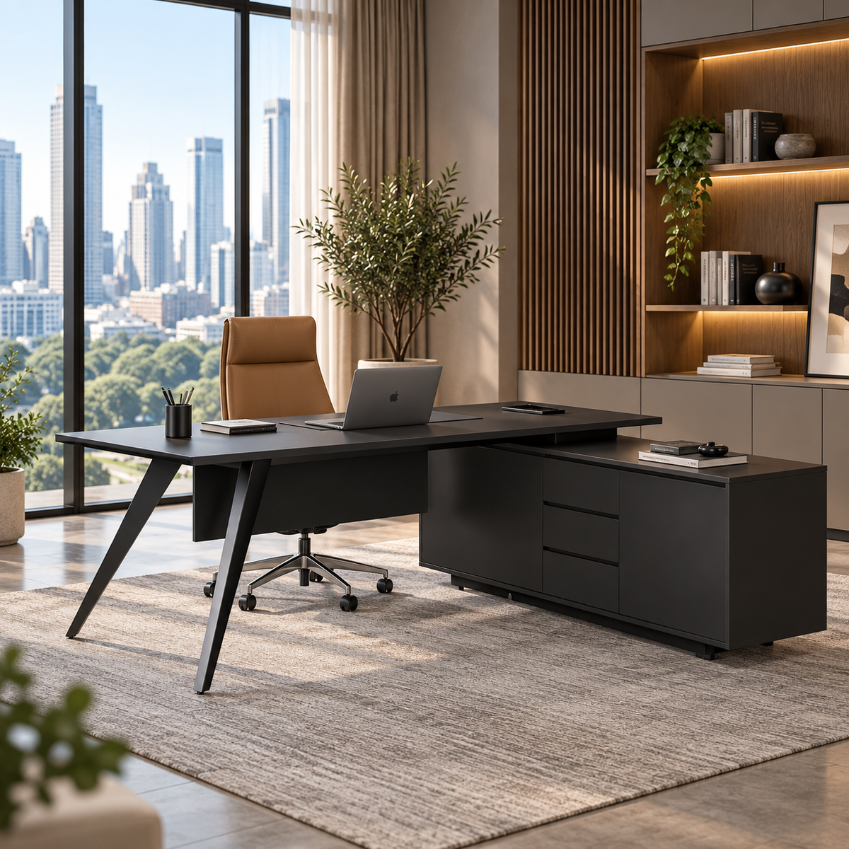 Pure Black Office Desk with Storage Side Return - Large