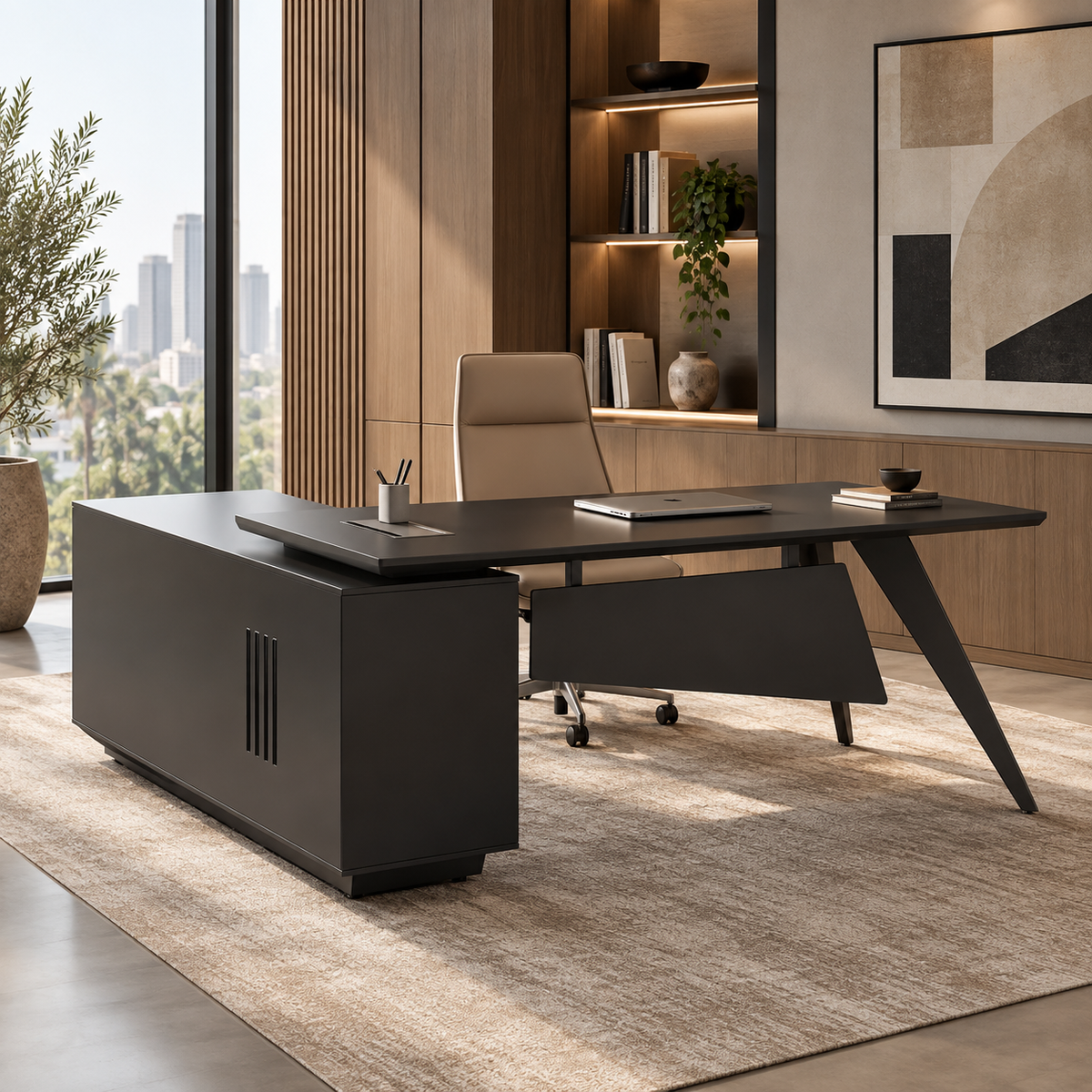 Pure Black Office Desk with Storage Side Return - Small