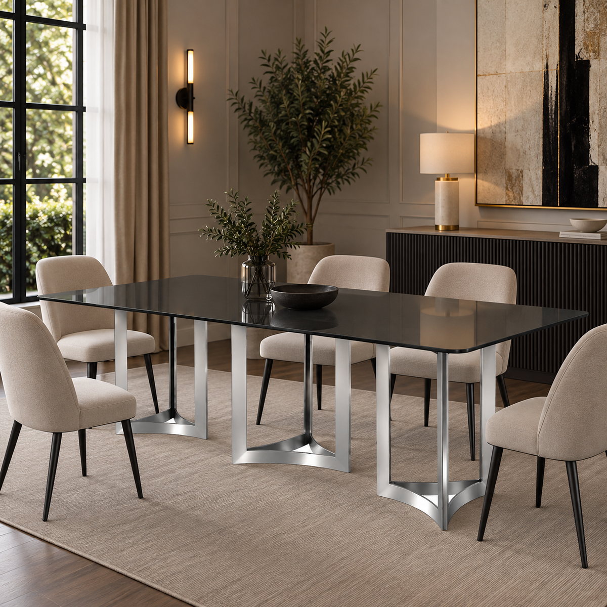 Alexa Dining Table Silver Base and 240 CM Gray Glass