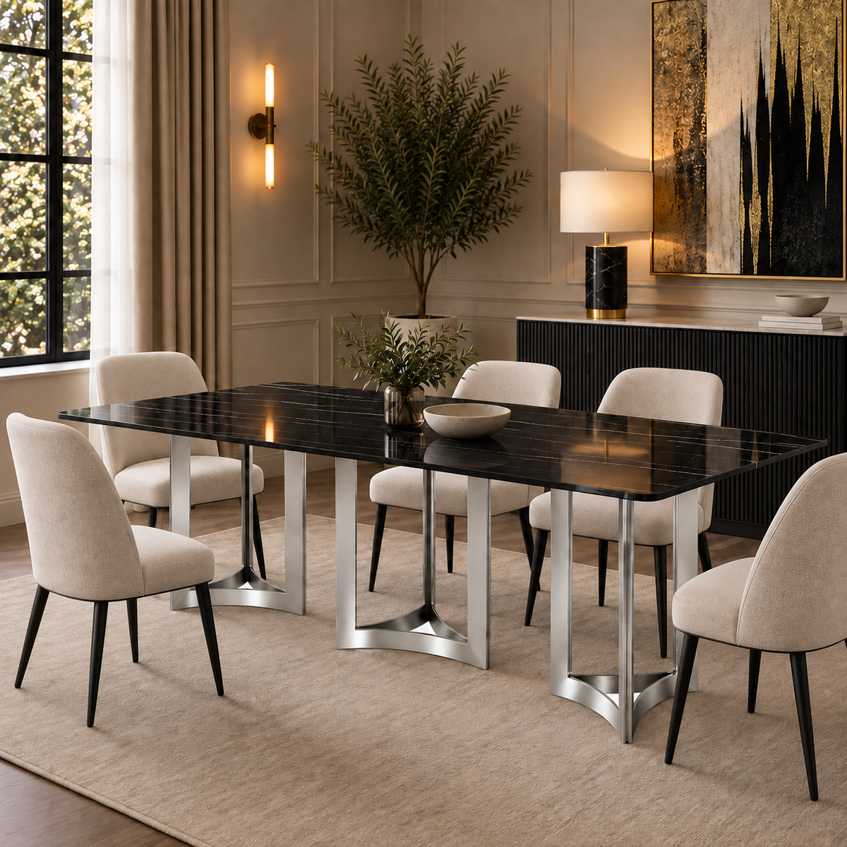 Alexa Dining Table Silver Base and 295 CM Black Marble