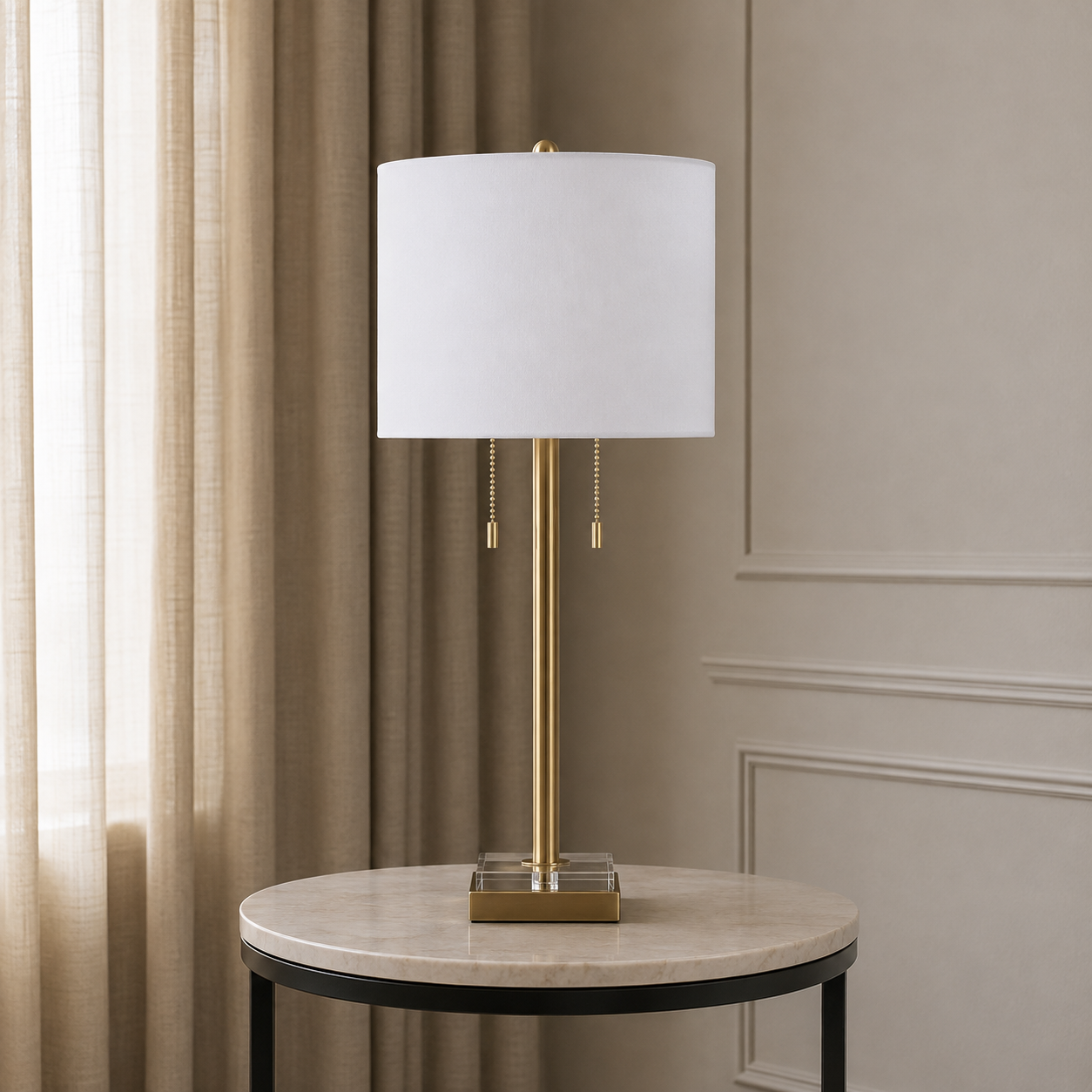 Enlight Pull Chain Table Lamp  29.5''Ht.,Metal & Glass  Antique Brass & Clear Glass Finish  15 x 15 x 10 Drum White Linen Shade
