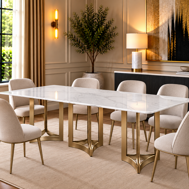 Alexa Dining Table Gold Base and 295 CM White Marble