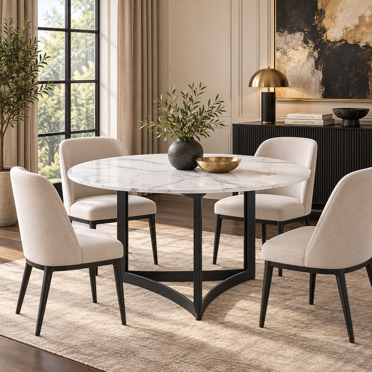 Alexa Dining Table Black Base and 130 CM Round White Marble