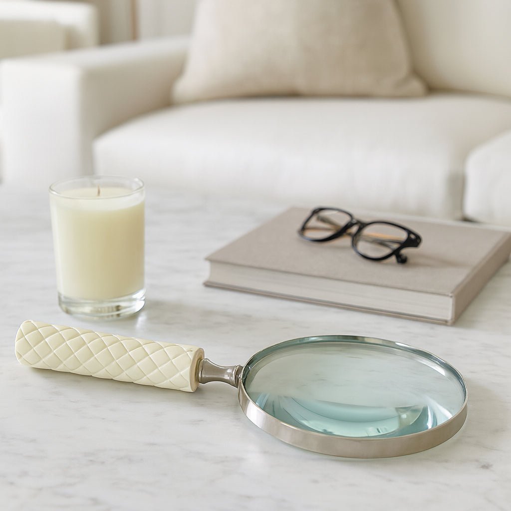 9x4" Diamond Carved Handle Magnifying Glass, Ivory Table Decors| Sagebrook Home