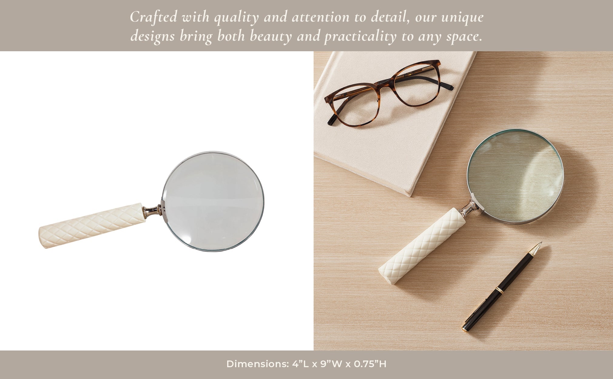 9x4" Diamond Carved Handle Magnifying Glass, Ivory Table Decors| Sagebrook Home