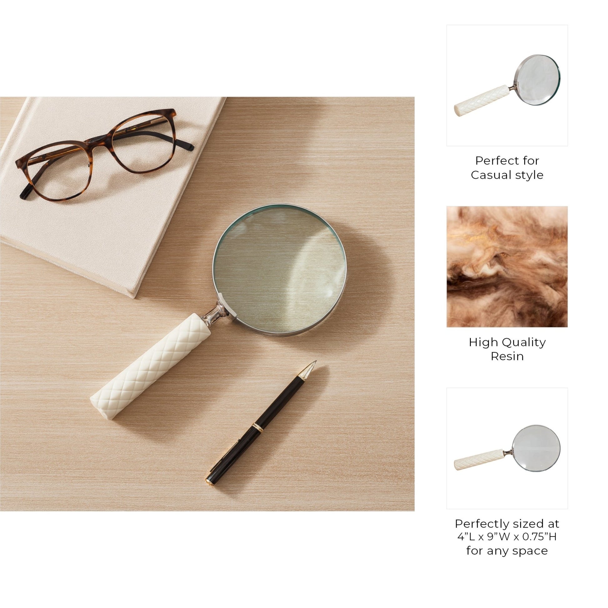 9x4" Diamond Carved Handle Magnifying Glass, Ivory Table Decors| Sagebrook Home