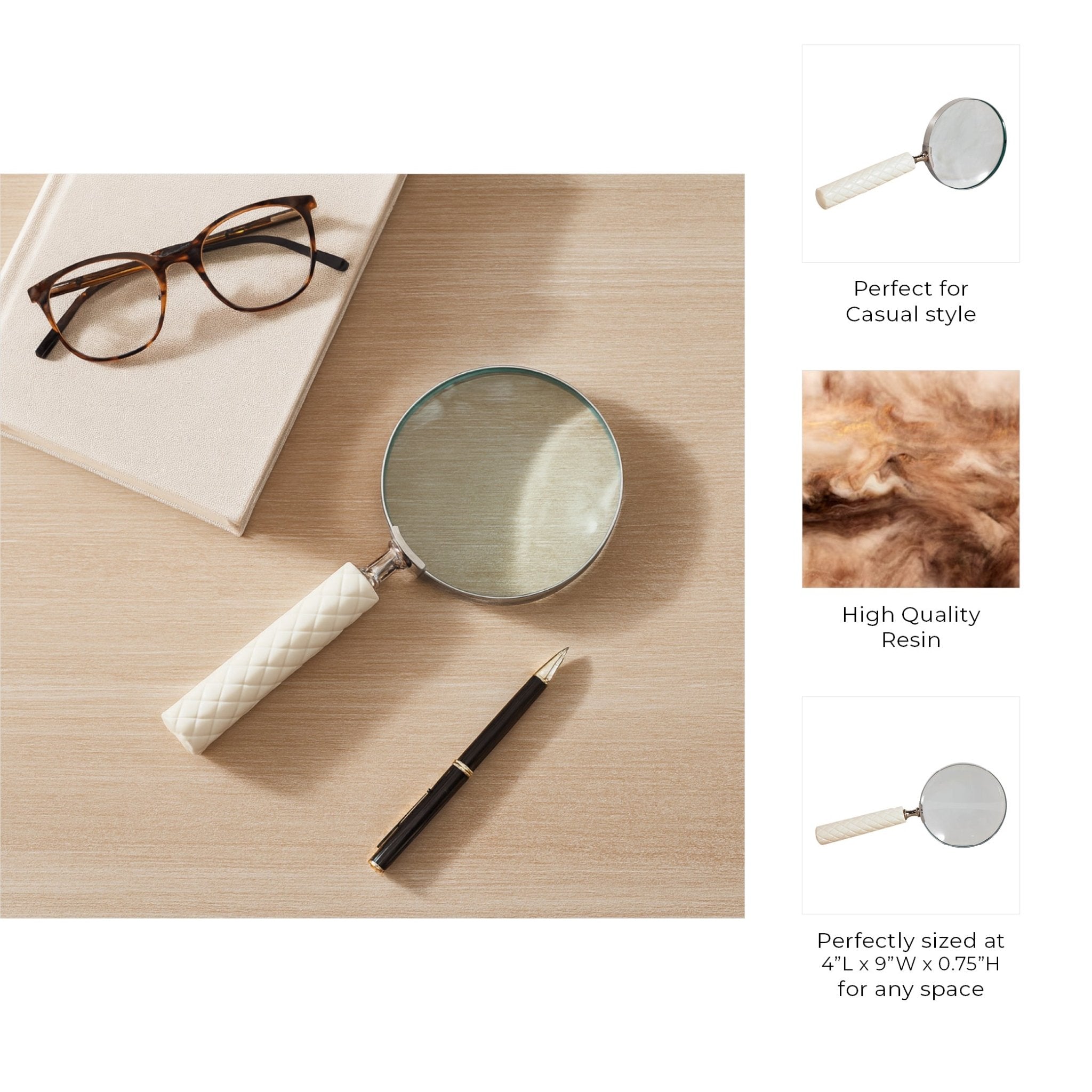 9x4" Diamond Carved Handle Magnifying Glass, Ivory Table Decors| Sagebrook Home